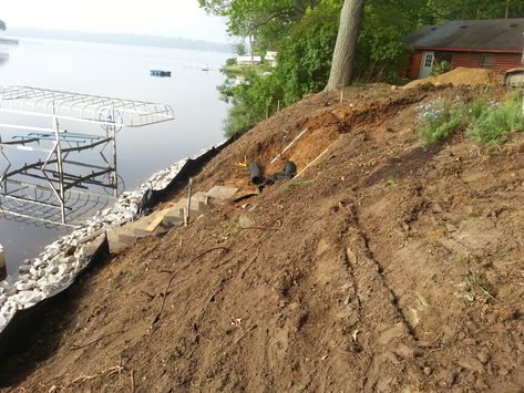 Garden On Steep Slope, Sloped Lakeside Landscaping, Steep Bank Landscaping, Landscape Steep Hillside, Steep Lakeside Landscaping, Steep Slope Backyard Ideas, Side Hill Landscaping Ideas, Landscaping A Steep Slope, Landscape Steep Slope