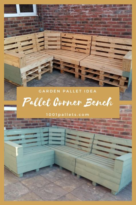 To build this corner bench for my garden terrace, I used 15 wood pallets that I assembled and painted. Now it only needs some cushions and voila!          #GardenSet, #PalletBenches, #RecyclingWoodPallets, #Terrace #LoungesGardenSets, #PalletBenches,PalletChairsStools Homemade Garden Furniture, Wood Pallet Garden Ideas, Pallet Bench Outdoor, Wood Pallet Garden, Ideas Terraza, Creative Backyard, Pallet Seating, Pallet Garden Furniture, Pallet Patio Furniture