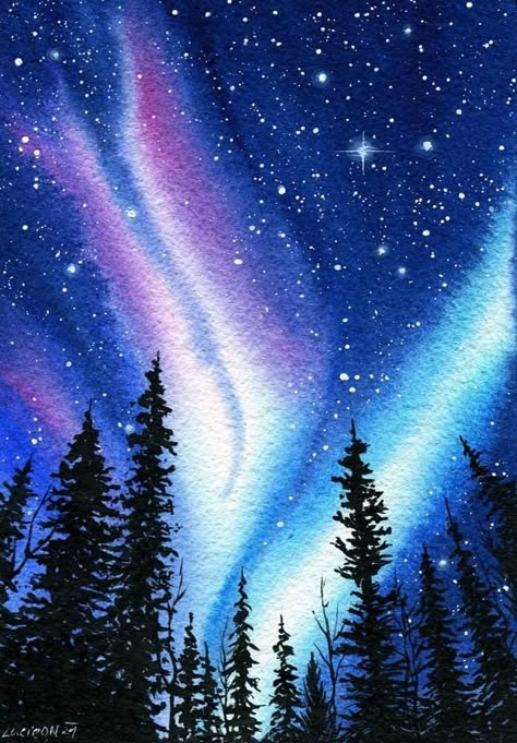 Northern Lights Sketch, Northern Lights Drawing, How To Paint Northern Lights Watercolor, Northern Lights Silhouette, Northern Lights Watercolor Painting, Watercolour Night Sky, Canvas Painting Ideas Northern Lights, Galaxy Art Painting, Acrilic Paintings Northern Lights