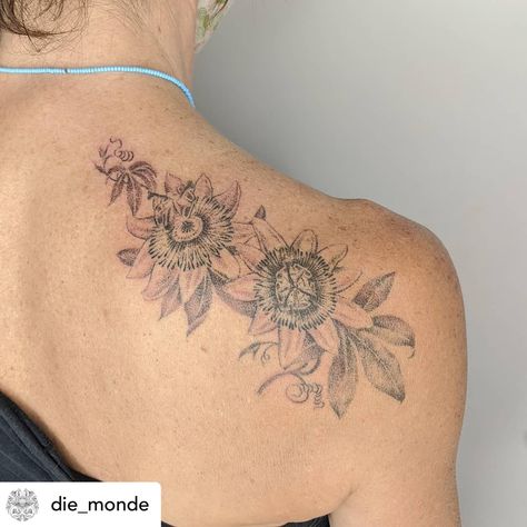 Passionflower Vine Tattoo, Passion Flower Vine Tattoo, Passionflower Tattoo, Passion Flower Tattoo, Top Of Shoulder Tattoo, Flower Vine Tattoos, Flor Tattoo, Stick And Poke Tattoo, Work Tattoo