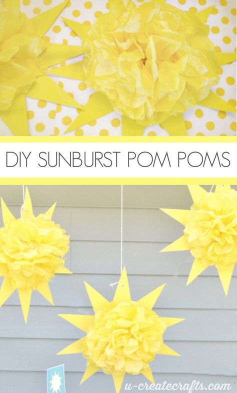 Hang these fun sunburst pom poms for a party – they made the perfect backdrop for the dessert table! SUPPLIES: Yellow poster board Yellow tissue paper Tape Bakers twine  INSTRUCTIONS: 1. Cut out a sun Pom Pom Tutorial, Sunshine First Birthday, Pom Flowers, Sunshine Birthday Parties, Tangled Birthday, Sunshine Baby Showers, Yellow Birthday, Sunshine Birthday, Summer Events