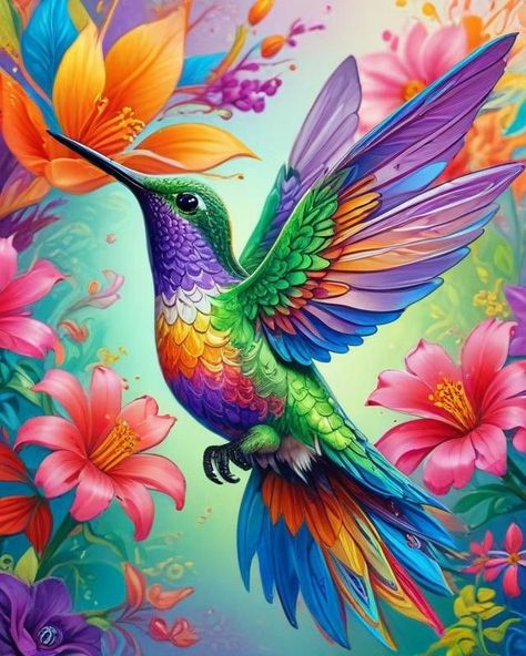 Hummingbirds Painting, Hummingbird Art Drawing, Hummingbird Flower Tattoos, Art Kits For Adults, Colorful Hummingbird, Sunset Canvas Painting, Hummingbird Pictures, Diamond Art Kits, Hummingbird Painting