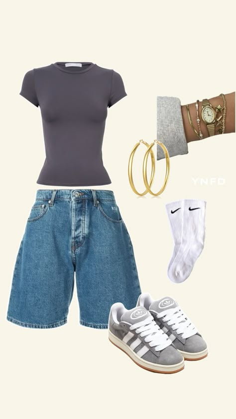 #jorts #skims #adidas Ny Fashion, Causual Outfits, Outfits Women, School Fashion, Streetwear Outfit, Polyvore Outfits, Retro Outfits, Cute Casual Outfits, Fitness Inspo