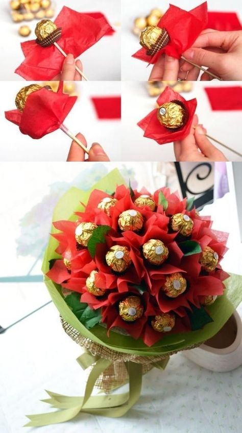 #presents #presentsforgirls #presentideas #gifts #valentinesdaypreset #photo #picture Creative Wreaths Diy Projects, Chocolate Flowers Bouquet, Chocolate Bouquet Diy, Candy Bouquet Diy, Valentine Gift Baskets, Candy Flowers, Gifts Wrapping Diy, Chocolate Flowers, Candy Crafts