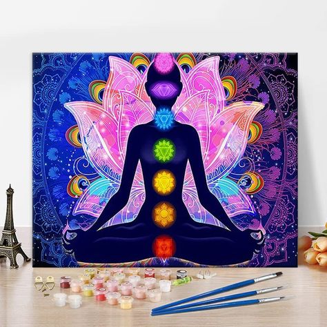 Chakra Meditation Painting, Indian Buddha, Chakra Painting, Yoga Painting, Diy Paint By Numbers, Buddha Meditation, Chakra Yoga, Acrylic Paint Set, Dot Art Painting