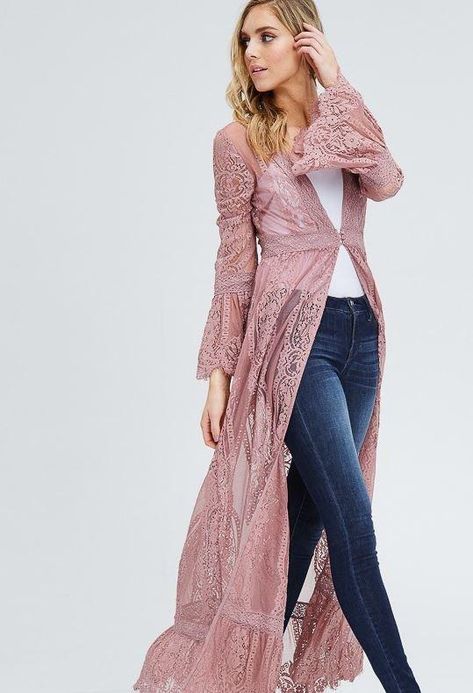 Mommy & Me - Ladies Dusty Rose Long Lace Duster Cardigan – Ruffles & Bowties Bowtique Lace Cardigan Outfit, Duster Outfit, Rose Lace Dress, Outfit Country, Lace Duster, Long Sleeve Ruffle Dress, Color Combos Outfit, Cardigan Outfit, Embroidered Lace Dress