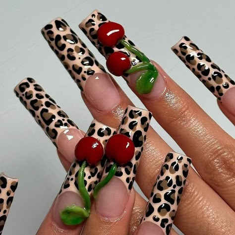 Cheetah print x Cherries 🐆🍒🖤 📸: @myprettyset Follow @thenailconnection for more nail inspo 💅🏽✨ #nails #naildesign #nailinspiration… | Instagram Cheetah Print Nails, Cheetah Nails, Leopard Print Nails, Cherry Nails, Dope Nail Designs, Print Nails, Leopard Nails, Unique Acrylic Nails, Dream Nails