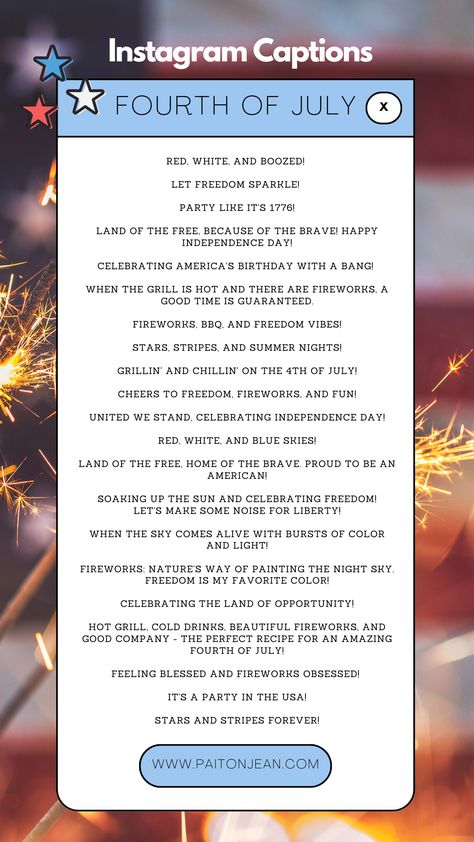 Choosing the perfect Fourth of July caption can be tricky. We get to celebrate the history of this day and enjoy the shared experiences that unite us! It's all about capturing the festive spirit, expressing our love for freedom, and sharing the excitement of fireworks. Independence Day Captions, Fourth Of July Captions, 4th Of July Captions, July Captions, Day Captions, America Birthday, United We Stand, Home Of The Brave, Land Of The Free