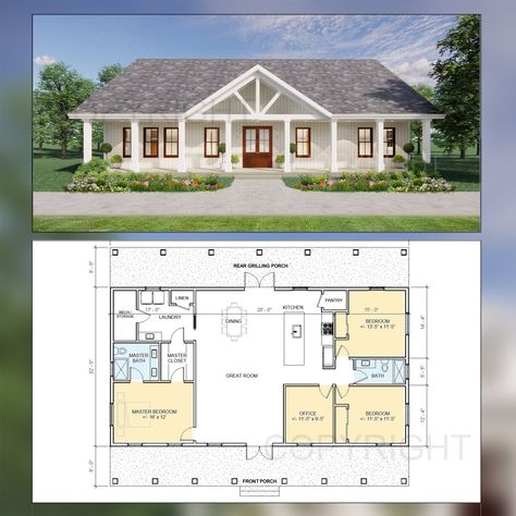 Lakeview House Construction Plans Open Plan Design Modern Farmhouse 3 Bed/2 Bath Home Office 1920 Square Feet Drawings Blueprints - Etsy Australia Open Plan Design, Plan Garage, Barn Style House Plans, Barndominium Floor Plans, House Construction Plan, House Layout, House Construction, Farmhouse Ideas, Construction Plan