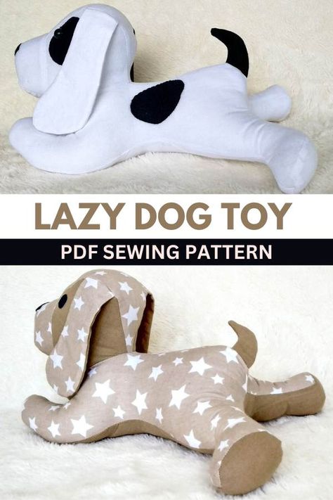 Lazy Dog Toy sewing pattern. The designer describes her Lazy Dog Toy as extremely cute and designed so they can easily be carried around in small hands. Besides making this super cute Lazy Dog you'll also make a bone toy for him that will not only act as a comforter for your baby boy or girl, but it will bring joy and smiles every day. SewModernKids Dog Stuffie Sewing Pattern, Sewing Patterns Free Toys, Stuffed Animal Dog Pattern, Sewing Pattern For Stuffed Animals, Free Animal Patterns To Sew, Stuffed Animals From Old Clothes, Sew Dog Toys Free Pattern, Puppy Stuffed Animal Pattern, Stuffed Puppy Sewing Pattern