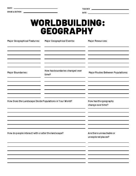 Perfect worksheet for helping your students create the geogrphy for their fictional worlds. Fantasy World Building Questions, Worldbuilding Challenge, Oc World Building, World Building Geography, Fantasy Worldbuilding Template, Fantasy World Building Template, Fantasy World Building Ideas, World Building Checklist, How To World Build