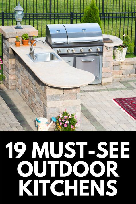 Here, we share 19 of our favorite outdoor kitchen ideas that you don't want to miss! Read more at OwnTheYard.com! Interiors 2024, Backyard Kitchen Ideas, Couch Designs, Backyard Aesthetic, Simple Outdoor Kitchen, Covered Outdoor Kitchens, Small Outdoor Kitchens, Patio Grill, Outdoor Kitchen Cabinets