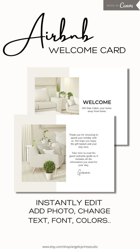 Airbnb Welcome Card, Hotel Card, Thank You Template, Business Notes, Airbnb Rentals, Welcome Card, Badass Quotes, Change Text, Handmade Business