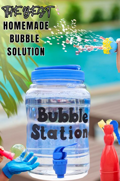 Homemade Bubbles For Bubble Machine, Diy Bubble Solution For Bubble Machine, Easy Bubble Solution Recipe, Bubble Solution For Bubble Machine, Bubble Recipe Homemade, Bubble Machine Solution, Birthday Party Bubble Station, Bubble Solution Recipe Glycerin, Home Made Bubble Solution