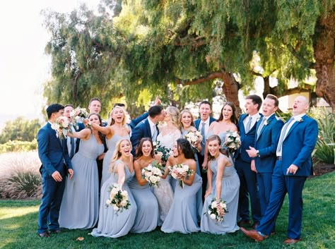 Something blue wedding party, dusty blue bridesmaid dresses + navy groomsmen tuxedos at Greengate Ranch & Vineyard in San Luis Obispo, California. Brought to life by Photographer- Jen Rodriguez, Florist- Anna Le Pley Taylor and Planner- Danae Grace Events. Navy And Carolina Blue Wedding, Light Blue Bridesmaid Dresses With Navy Suits, Dusty Blue Bridesmaid Dresses Navy Suits, June Wedding Bridesmaid Dresses, Navy And Blue Wedding, Navy Wedding Party, Blue And Navy Wedding, Blue Bridal Party, Blue Tuxedo Wedding