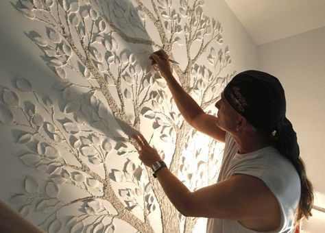 Plaster Tree comes to Life in Custom Home by Kent Hart, via Behance Tree Design On Wall, Home Wall Painting, Wall Art Tutorial, Wallpaper Stencil, Plaster Wall Art, Stucco Walls, Clay Wall Art, Beautiful Christmas Decorations, Paris Wall Art