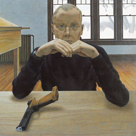 Alex Colville, Target Pistol and Man, 1980, acrylic polymer emulsion on hardboard, 60 x 60 cm, private collection. #ArtCanInstitute #CanadianArt Art Gallery Of Ontario, Canadian Painters, Alex Colville, Moonrise Kingdom, Art Matters, Digital Museum, Magic Realism, Canadian Art, Canadian Artists