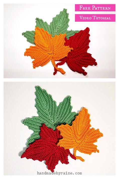 Maple Leaf Free Crochet Pattern and Video Tutorial Crochet Maple Leaf Pattern Free, Crochet Maple Leaf, Flower Bouquet Pattern, Leaf Coaster, Leaf Crochet, Crochet Flower Bouquet, Crochet Decor, Crochet Coasters, Crochet Flower