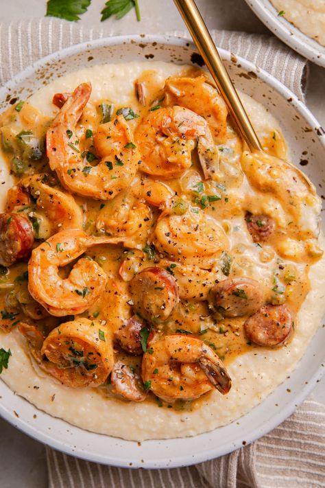 Shrimp And Grits Sausage, Shrimp And Grits Recipe With Sausage, Shrimp Sausage Grits, Shrimp And Grits With Corn, Pioneer Woman Shrimp And Grits, Shrimp Snd Grits Recipe, Crab And Grits Recipe, Shrimp N Grits Southern, Shrimp And Grits Cream Sauce