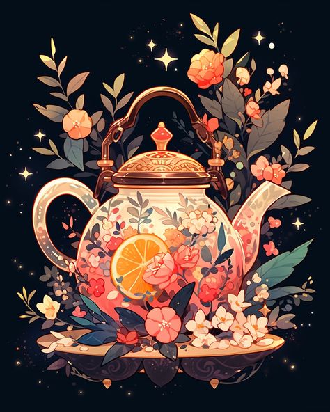 Chinese Teapot Illustration, Teapot House Illustration, Tea Illustration Art, Tea Pot Illustration, Teapot Painting, Teapot With Flowers, Teapot Drawing, Teapot Illustration, Kawaii Drinks