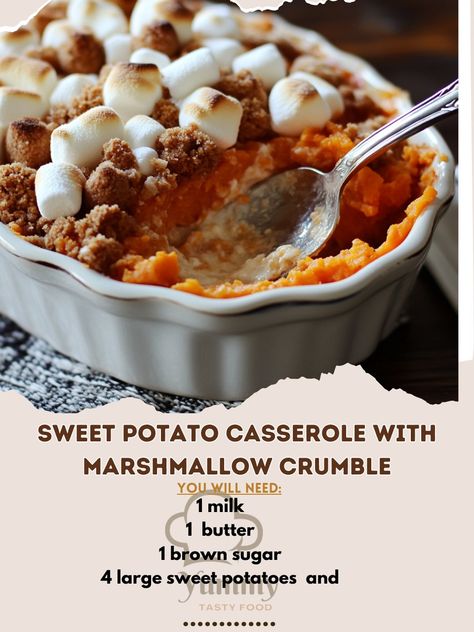 🍠✨Indulge in a cozy and delicious Sweet Potato Casserole with Marshmallow Crumble! Perfect for fall gatherings!🍂🧡 #FallRecipe #ComfortFood Recipe: Sweet Potato Casserole with Marshmallow Crumble Ingredients: - 4 large sweet potatoes, peeled and cubed - 1/2 cup brown sugar - 1/4 cup melted butter - 1/2 cup milk - 1 tsp vanilla extract - 1/2 tsp cinnamon - 1/4 tsp nutmeg - Salt to taste - 2 cups mini marshmallows Instructions: 1. Boil sweet potatoes until tender, then mash. 2. Mix in brown s... Yam Marshmallow Casserole, Marshmallow Casserole, Holiday Potatoes, Sweet Potato Marshmallow, Sweet Potato Marshmallow Casserole, Yams With Marshmallows, Sweet Potato Crunch, Sweet Potatoes With Marshmallows, Recipe Sweet Potato