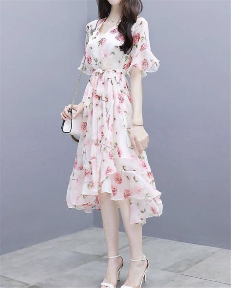 Floral Dress Women Fashion V Neck Chiffon Print Flowy Party Dress Female Korean Style Ruffle Sleeve Summer Midi Dress Vestidos| | - AliExpress Floral Dress Korean Style, Korean Dress Elegant, Korean Fashion Dress Casual, Flowy Party Dress, Dress Elegant Casual, Korean Fashion Women Dresses, Chinese Fancy Dress, Pretty Dresses Casual, Summer Midi Dress