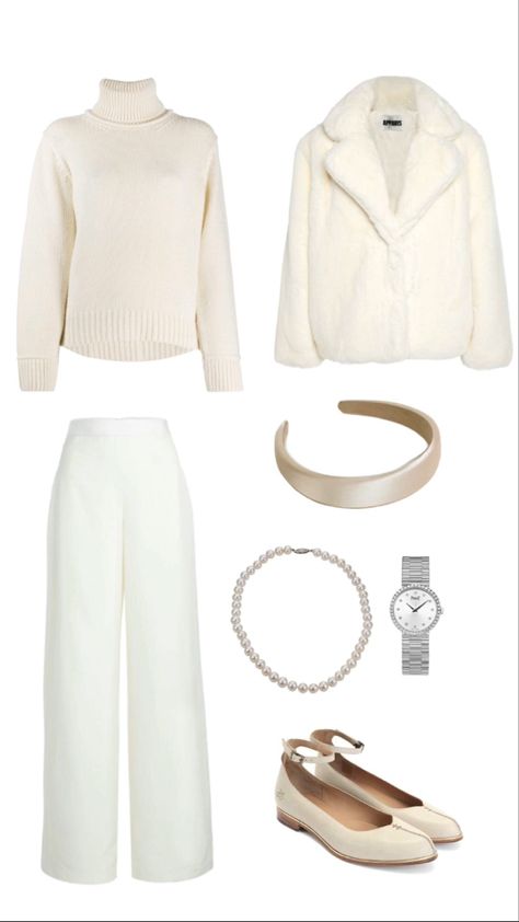 Outfit Ideas White Background, White And Cream Outfit, Cream And White Outfit, Outfits White Background, Tight Sweater Outfit, Beige And White Outfit, White Outfit Winter, White Christmas Outfit, Rich Girl Style