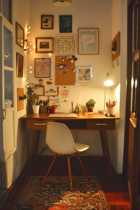 Tiny Home Desk Ideas, Cute Office Desk Setup, Bedroom Small Desk Ideas, Small Bedroom Ideas Desk, Art Desk Setup Ideas, Home Office Simple, Tiny Desk Setup, Small Study Space Ideas, Desk Inspiration Bedroom