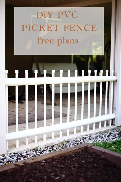 Want a long lasting outdoor picket fence? Check out our website for free plans and instructions of how to build a PVC picket fence.  #picketfence #pvcfence #patiodecor #outdoorliving #diyfence Pipe Fence, Pvc Furniture, Patio Railing, Awesome Woodworking Ideas, Pvc Fence, Pvc Pipe Crafts, Pvc Pipe Projects, Pvc Projects, Building A Fence