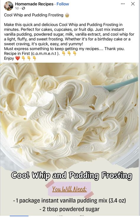 Pudding Frosting, Cool Whip Frosting, Fluffy Frosting, Fruit Dips Recipes, Frosting Recipes Easy, Rachael Ray Recipes, Cake Frosting Recipe, Cake Decorating Frosting, Vanilla Pudding Mix