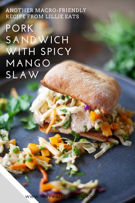 If you are looking for a yummy macro-friendly sandwich, you've got to try this pork sandwich with spicy mango slaw. Lillie Eats And Tells Recipes, Mango Sandwich, Lillie Eats And Tells, Pork Sandwich Recipes, Pork Tenderloin Sandwich, Mango Slaw, Easy Healthy Lunch Recipes, Pork Sandwiches, Macro Friendly Recipes