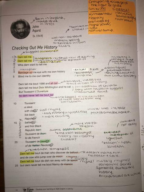 My annotations for the GCSE English Literature AQA Power and Conflict poems - Checking Out Me History. [page 1] Checking Out Me History Annotations, Gcse English Literature Poetry, Checking Out Me History Analysis, English Analysis, Checking Out Me History Poem Analysis, Checking Out Me History, Gcse Poems Power And Conflict, Poetry Anthology Gcse Annotations, Gcse Poetry Power And Conflict