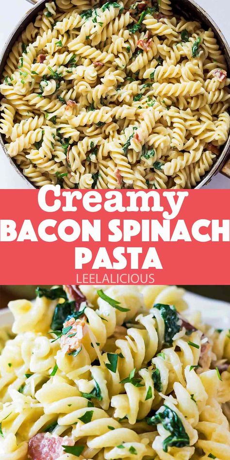 Spinach And Bacon Recipes, Bacon Feta Pasta, Creamy Bacon One Pot Pasta, Spinach Bacon Pasta Recipes, Spinach Bacon Pasta, Pasta With Bacon And Spinach, Bacon Spinach Pasta, Creamy Bacon Pasta, Chicken Bacon Spinach Pasta