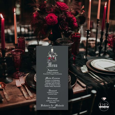 Wedding Menu | Written in  Old English Gothic calligraphy - this goth wedding dinner menu is sure to wow the crowd-  white text on charcoal background with a stunning gothic Victorian candle display with crimson roses 18th Century Wedding Theme, Victorian Goth Wedding, Gothic Victorian Wedding, Caribbean Wedding Theme, Gothic Dinner Party, Gothic Bathroom Ideas, Gothic Dinner, Victorian Candle, Autumn Elopement