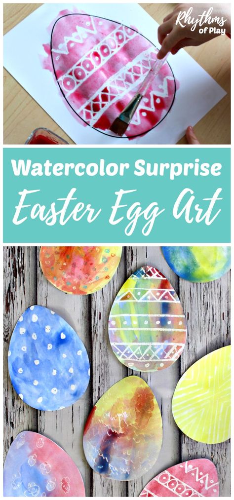 There are two watercolor techniques that can be used to create watercolor surprise Easter Egg art for kids using our FREE Easter Egg printable template. Invite children to paint Easter Egg art using a watercolor resist medium or the wet-on-wet watercolor painting method to see what magically appears! #easter #artwork #kidsart #artsandcrafts #artproject #tutorials #spring #easteregg #watercolor #watercolorpainting #artsandcrafts #painting #resist Egg Printable Template, Egg Printable, Easter Egg Printable, Watercolor Resist, Wet Watercolor, Easter Egg Art, Easter Flower, Easter Preschool, Easter Egg Crafts