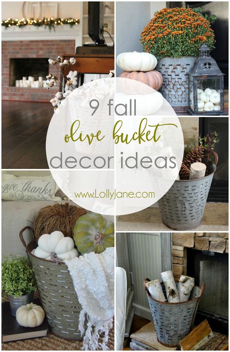 Olive Bucket Decor, Bucket Decor Ideas, Traditional Decor Southern, Bucket Decor, Olive Bucket, Bucket Ideas, Decorate For Fall, Farmhouse Side Table, Kitchen Decorating