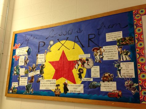 February bulletin board. "Life Lessons From Pixar"  The Luxo ball is a red paper star (I had to paint white paper red) on a yellow circle. I just used Pixar images and picked a few "lessons" and quotes from each movie. (Finding Nemo, Up, Ratatouille, Monster's Inc & Uni, Wall-E, Brave, Cars 1/2/3, Bug's Life, Incredibles, Toy Story 1/2/3)  #reslife #bulletinboard #pixar #luxoball #RA #lifelessons Mater Cars Disney, Disney Party Diy, Pixar Quotes, Disney Cars Cake, Dorm Themes, Cars (disney) Party, Summer Camp Themes, Cars Pixar, Disney Classroom