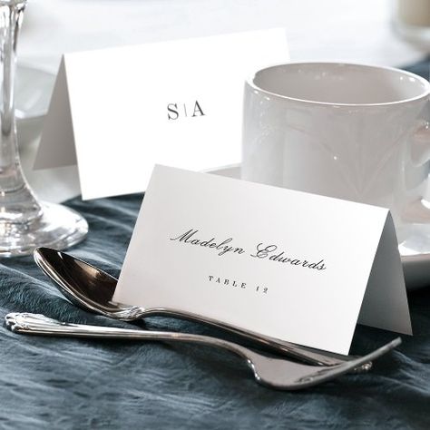 $1.35 | Sophisticated monogram minimal Foldable Place Card #cheap affordable wedding place card, sophisticated classic script, gold and white, simple elegance, formal elegant winter wedding, classy vintage fall wedding, luxury spring summer wedding, modern chic minimalist, professional typography Wedding Table Placement, Elegant Winter Wedding, Couples Monogram, Wedding Table Number Cards, Wedding Place Card, Table Number Cards, White Minimalist, Wedding Vibes, Wedding Place