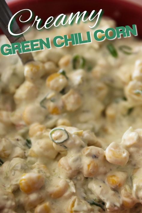 Creamy Green Chili Corn - Half Baked Recipes Green Chili Corn Dip, Green Chili Corn Casserole, Cream Corn Crockpot, Green Chili Corn, Green Chile Corn, Crock Pot Corn, Baked Recipes, Crockpot Chili, Corn Dip