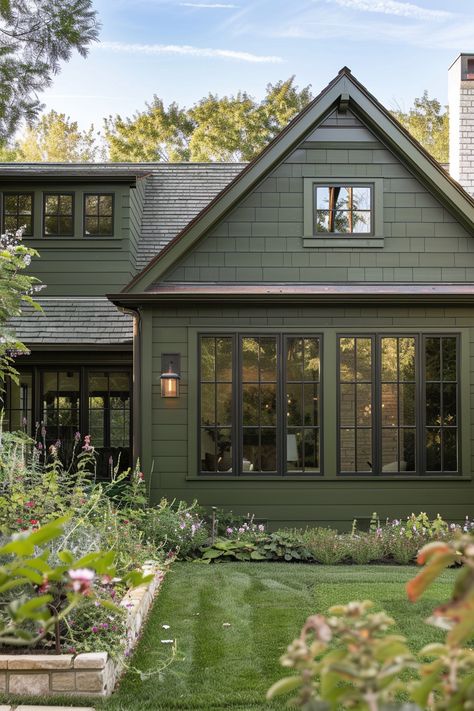 Dark Green Exterior Cottages, Viking Farm, Green Siding House, Green Home Exterior, Green House Paint, Green Exterior House Colors, Green House Exterior, Green Siding, Cottagecore Life