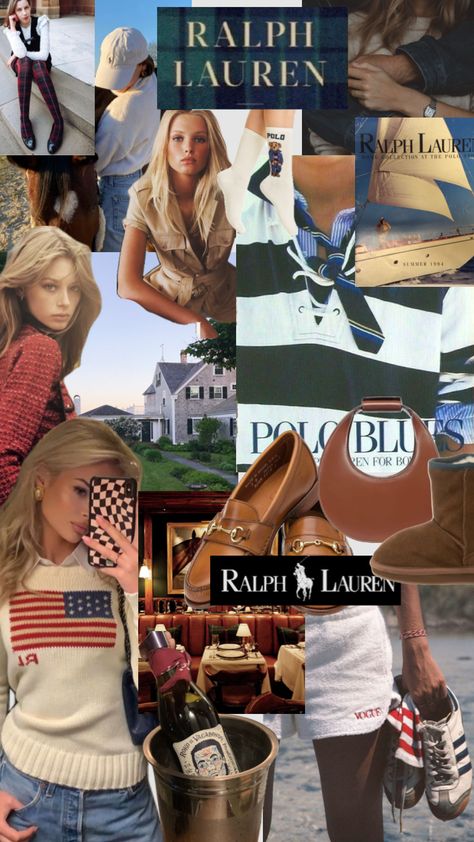 #ralphlauren #fine #designer #beauty #outfitinspo Ralf Lauren Girl, Ralph Lauren Girls Outfits Aesthetic, Polo Ralph Lauren Old Money, Ralph Lauren Flag Sweater Aesthetic, Old Money Aesthetic Wallpaper Collage, Old Money Aesthetic Collage, Preppy College Style, Countryside Outfit, Ralph Lauren Womens Clothing