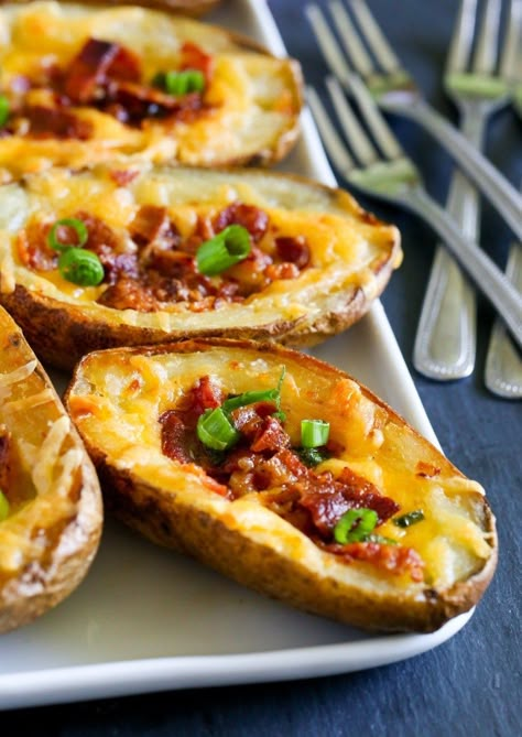 Loaded Potato Skins Recipe, Loaded Baked Potato Skins, Potato Skins Recipe, Loaded Potato Skins, Potatoe Skins Recipe, Baked Potato Skins, Hosting A Party, Potato Skin, Loaded Potato