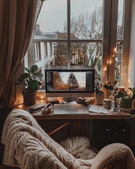 Cozy Desk Aesthetic, Desk Aesthetic Inspiration, Cozy Desk Setup, Cozy Academia, Wall Dividers, Cozy Desk, Warm Color Schemes, Office Design Ideas, Cozy Home Office