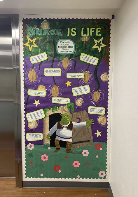 Shrek Door Decoration, Shrek Bulletin Board, Hall Themes, Class Charter, Ra Decorations, Dorm Door Decorations, Ra Themes, Dorm Door, Ra Boards