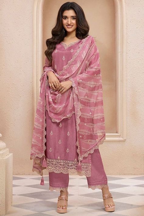 Nidhi Shah Dusty Rose Dola Silk Kurta Suit Set with Lehariya Print Dupatta Silk Indian Dress, Lehariya Print, Lehenga Style Saree, Readymade Salwar Kameez, Cotton Salwar Kameez, Ethnic Motifs, Crepe Saree, Kurta Design, Lehenga Style