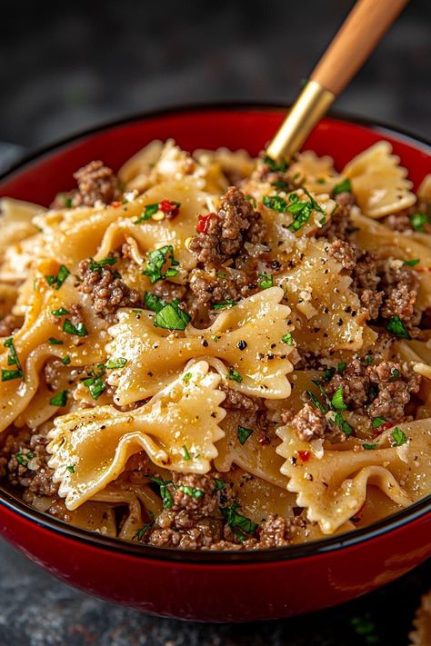 Bowtie Pasta with Ground Beef  ￼  Ingredients: 12 oz bowtie (farfalle) pasta 1 lb ground beef 1 tbsp olive oil 1 small onion, diced 2 garlic cloves, minced 1 can (14.5 oz) diced tomatoes 1 cup beef broth 1/2 cup heavy cream 1/2 cup shredded cheddar or Parmesan cheese 1 tsp paprika Salt and pepper, to taste Fresh parsley, for garnish Directions: Cook the bowtie pasta according to package instructions until al dente, then drain and set aside. In a large skillet, heat the olive oil over medium heat. Add the diced onion and minced garlic, cooking for about 3-4 minutes until the onion is translucent. Add the ground beef to the skillet, breaking it apart with a spatula. Cook until browned, about 5-7 minutes. Drain any excess fat. Stir in the diced tomatoes, beef broth, paprika, salt, and pepper. Pasta With Ground Beef, Bowtie Pasta, Healthy Food Dishes, Healthy Food Motivation, Meal Prep Ideas, Interesting Food, Food Obsession, Healthy Meal Prep, Food Inspo