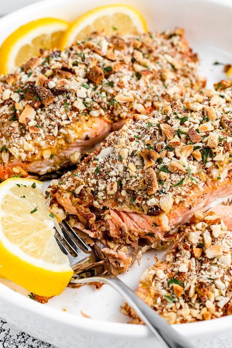 Cashew Crusted Salmon, Almond Recipes Savory, Salmon Crusted Recipes, Salmon Almondine, Parosmia Recipes, Almond Crusted Fish, Encrusted Salmon, Almond Salmon, Almond Crusted Salmon