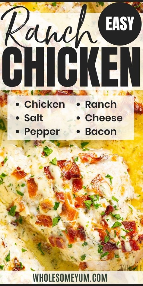 Baked Cheesy Bacon Ranch Chicken Recipe - This EASY baked ranch chicken recipe needs just 4 ingredients + 10 minutes prep! The whole family will love this cheesy bacon ranch chicken breast. #wholesomeyum Basic Baked Chicken Breast, Easy Baked Ranch Chicken, Cheesy Bacon Ranch Chicken, Chicken Bacon Ranch Bake, Chicken Breast Casserole Recipes, Chicken Breast Casserole, Ranch Chicken Recipe, Cheesy Chicken Recipes, Bacon Ranch Chicken