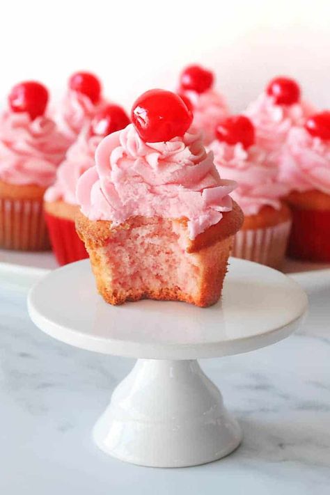 Cherry Chip Cupcakes with maraschino cherries and cherry juice mixed in the cupcakes and maraschino cherry juice whipped into buttercream frosting. Dainty Cakes, Cherry Buttercream, Cherry Frosting, Berry Cupcakes, Cherry Cupcakes, Cherry Vanilla, Maraschino Cherries, Cupcake Images, Cupcake Bakery