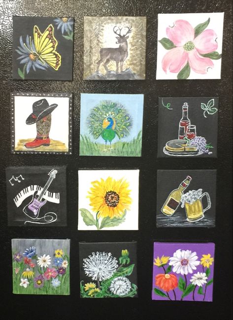 Mini canvas, acrylic paint, magnets Painting Magnets Ideas, Painted Magnets Ideas, Magnet Canvas Painting Ideas, Magnet Painting, Small Magnet Canvas Paintings, Fridge Magnets Handpainted, Mini Magnets, Magnet Crafts, Mini Canvas